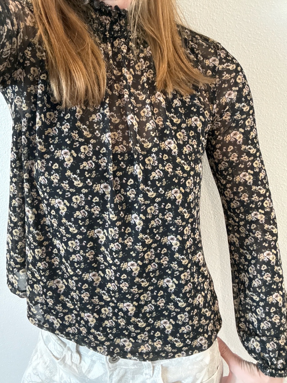 Wild Fable Sheer Floral Mock Neck Blouse Small Romantic Cottagecore Boho Top